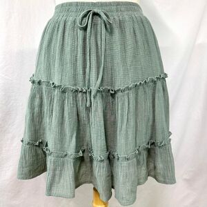 LOVE‎ TREE Green Tiered Mini Skirt Drawstring Waist Women's M Bohemian Festival